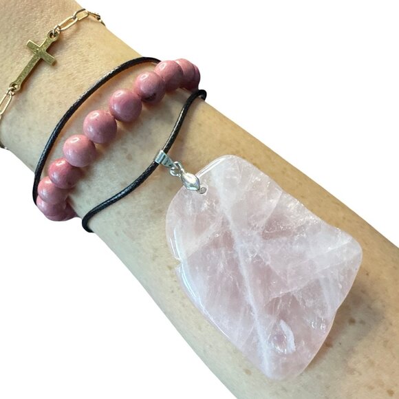 Rose Quartz Pendant Necklace pink rhodonite bracelet fashion accessories bundle - Picture 8 of 10
